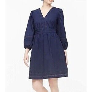 J. Crew Navy Blue Long Sleeve V-Neck Peasant Style Cotton Mini Dress Size Small